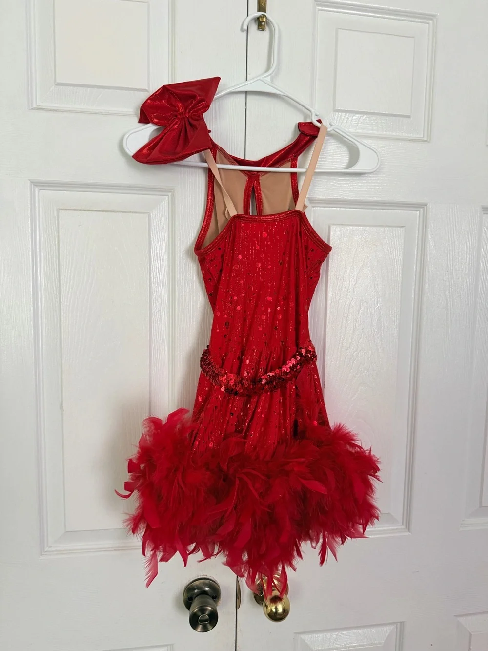 Red Sequin Feather Trim Girls' Costume Dress with Bow